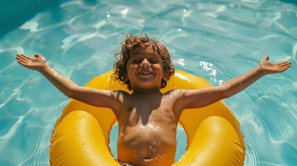 Smiling young boy floating on inflatable raft in pool