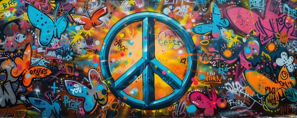A wall painted with a peace sign symbol