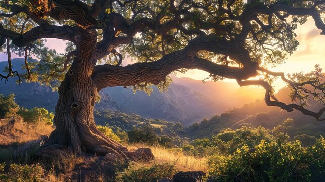 An impressive oak tree with sunset light filtering through its branches, mountains looming in the background
