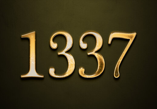 Old gold effect of 1337 number with 3D glossy style Mockup.