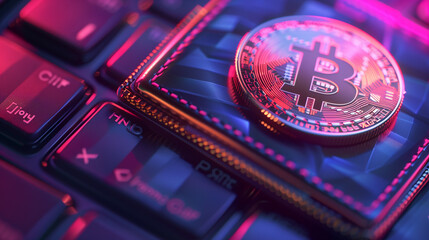 Golden bitcoin on the background of the computer keyboard. 3D rendering