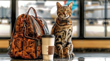 Beautiful bengal cat sitting with purse and coffee cup. Travel with pet concept
