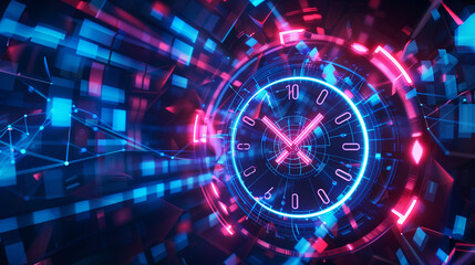 Abstract background with clock and neon lights. Time concept. 3D Rendering