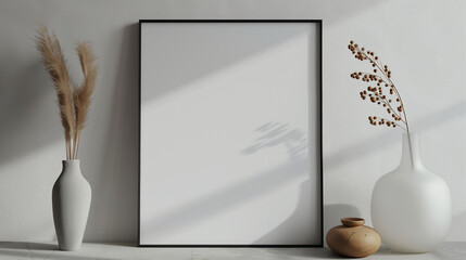 Blank Poster with Minimalist Frame and Dried Flowers in Vase