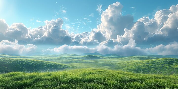 Panoramic rolling hills with blue sky and white clouds