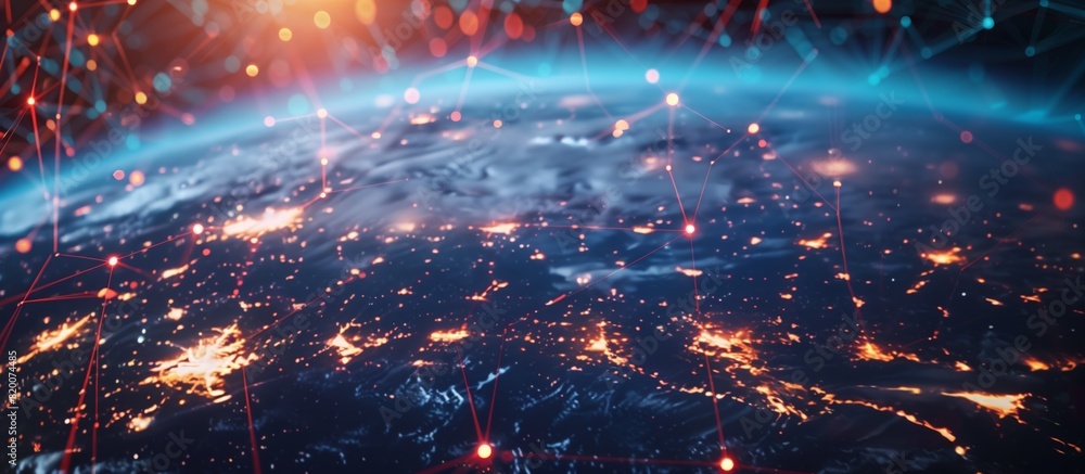 Poster Enhancing global technology with advanced visualization of interconnected digital nodes, studying Earth and space connections. Global network facilitates communications between Earth and space