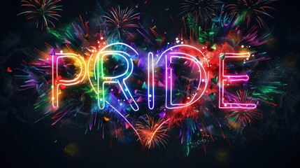 Image of PRIDE text and rainbow heart and fireworks exploding on black background