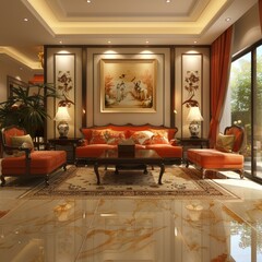 Chinese Style Living Room with Red Wood Furniture and Silk Carpet
