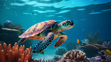 Obraz premium Stunning Ultra-Realistic Sea Turtle Diving Underwater – High-Quality Stock Image for Nature and Ocean Themes.