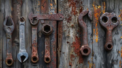 Close-up of rust-speckled tools hanging neatly on a farm shed wall, detailed textures and aged metal surfaces