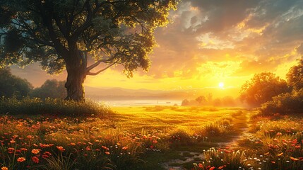The picture depicts a sunrise over a tranquil countryside, symbolizing hope, renewal, and the promise of healing in healthcare ,