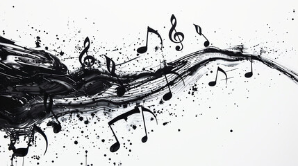 Musical Notes and black ink stains, composing concept. isolated white background