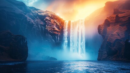 This captivating photograph captures the raw power and beauty of a cascading waterfall, its misty veil illuminated by the soft light of dawn , 