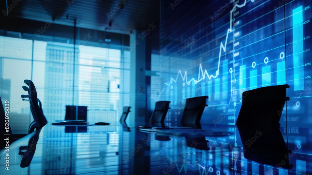 Aufkleber A dynamic business meeting with a projected graph showing quarterly results, highlighting company progress.