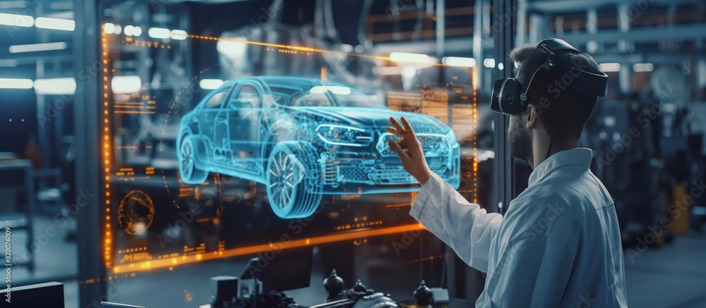 Poster An engineer is utilizing virtual reality for designing cars, generating holographic models with futuristic 3D tech in a hightech automotive lab, showcasing innovation in automotive engineering