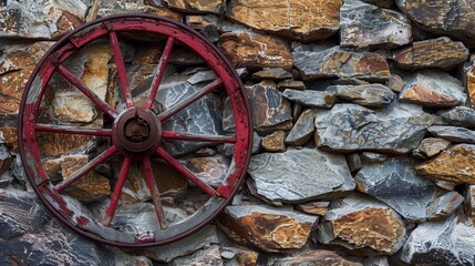 Obraz premium Close-up of a red antique wagon wheel fixed on a rocky wall, intricate details and rustic appeal