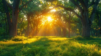 Obraz premium With its soft, golden sunlight filtering through the dense canopy of trees, this image transports viewers to a serene forest glade, where time seems to stand still amidst nature's beauty
