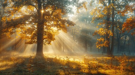 With its soft, golden sunlight filtering through the dense canopy of trees, this image transports viewers to a serene forest glade, where time seems to stand still amidst nature's beauty