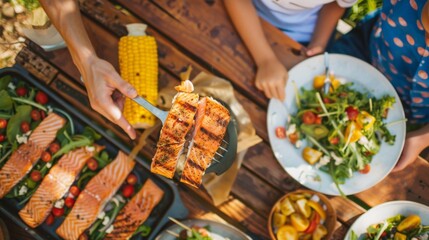 A family enjoying a seafood dinner with grilled salmon fillets, corn on the cob, and fresh salad on a picnic table.