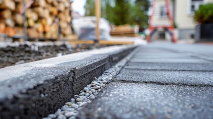 Close-up of a freshly laid concrete footpath, smooth surface, and crisp edges, surrounded by new city construction materials