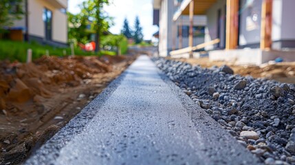Close-up of a freshly laid concrete footpath, smooth surface, and crisp edges, surrounded by new city construction materials