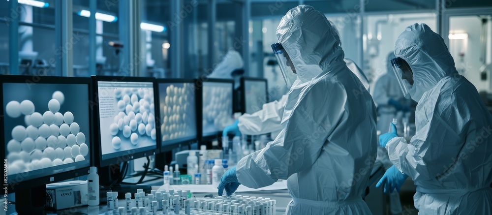 Fototapete In the advanced laboratory, scientists in hazmat suits are using computers and monitors for molecular analysis and experiments in a sterile environment, following all necessary safety protocols