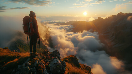 Fototapeta premium A lone hiker stands on a mountain peak at sunrise, overlooking a sea of clouds and distant mountains bathed in golden light
