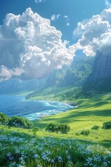 Fototapeta premium Green rolling hills and blue ocean water