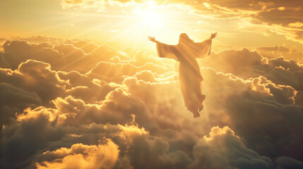 The resurrected Jesus Christ ascending to heaven above the bright light sky and clouds and God, Heaven and Second Coming concept