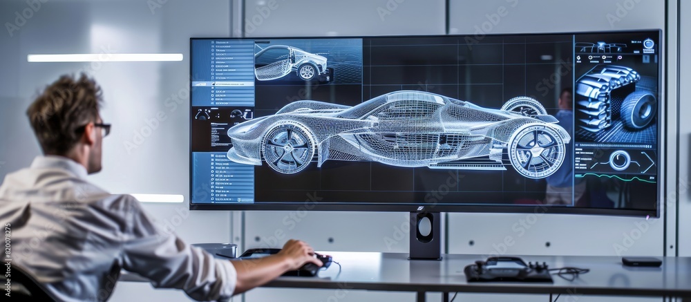 Poster Engineer uses 3D software on large screen to design futuristic car, showcasing innovation in automotive engineering. Workspace includes CAD, rendering, and digital design for modern car concepts