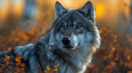 Naklejka premium A graceful wolf stands against the background of autumn nature, his gaze is directed into the depths of the forest