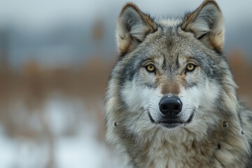 Obraz premium A graceful wolf stands against the background of autumn nature, his gaze is directed into the depths of the forest