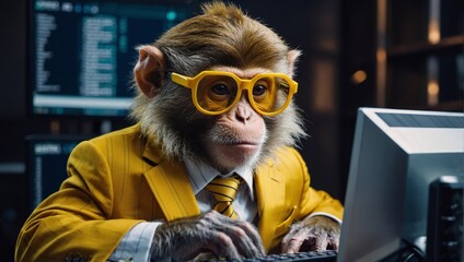 A funny monkey in a business suit and glasses at a computer, looking at stock reports and charts. Financial literacy, investments, stock exchange, taxes, fraud, corporations