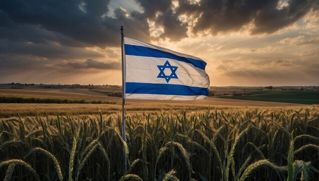 Israel flag on a field of ripe wheat. Israeli agriculture, Shavuot. Harvest season - Powered by Adobe