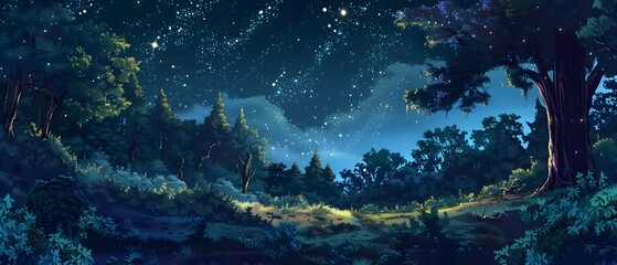 Fototapeta premium Enchanting Starry Night Landscape with Lush Forest and Glowing Sky