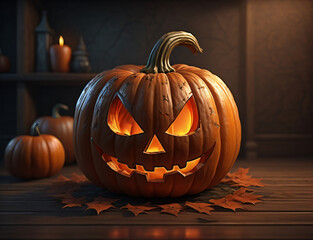 halloween pumpkin on a wooden table. Generate AI