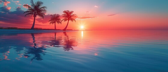 Oranges and reds fill the sky as the sun sets. Casting a warm light on the calm lake.
