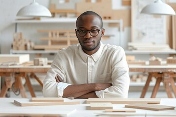 Obraz premium African American furniture maker sketching designs in a bright workshop, Confident, young designer with glasses and arms crossed, standing in a bright studio.