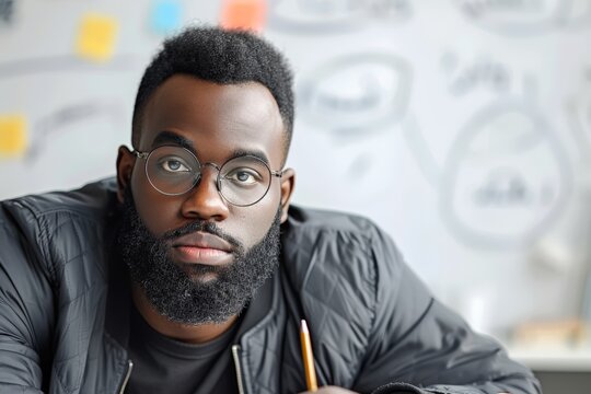 African American furniture maker sketching designs in a bright workshop, Serious, young adult with round glasses and a neat beard, pondering deeply with pencil in hand.