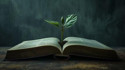 Plant growing from book pages - Learning and growth comes from written word