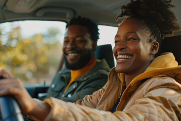 Joyful African American couple laughing and enjoying a drive in their car on a sunny day.