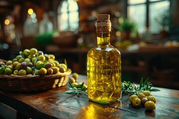 Rustic Olive Oil Bottle in Sunlit Kitchen: Fresh, Organic Olives and Leaves on Wooden Table