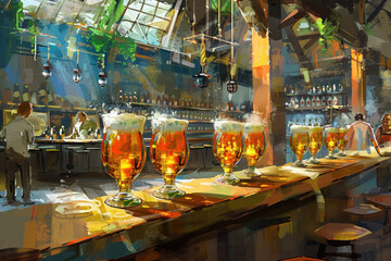 Artistic rendering of a bustling bar scene with beers on tap and vibrant atmosphere.