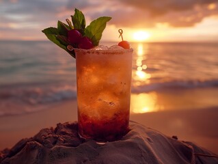 A drink with a cherry on top is sitting on a beach. The beach is a beautiful and relaxing setting, with the sun setting in the background