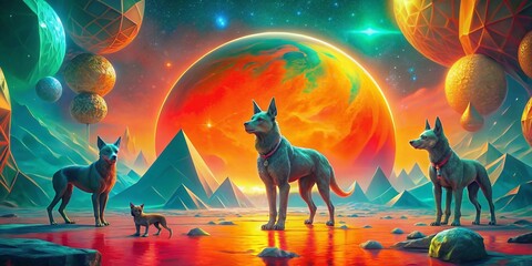 surreal digital dog art screensaver abstract colorful futuristic background different worlds elements