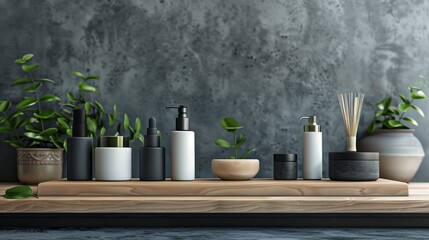A wooden shelf with cosmetic bottles against the background of concrete walls.