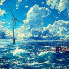 Sunny and windy day on the sea with a farm of wind turbines offshore blending with the seascape, painted illustration