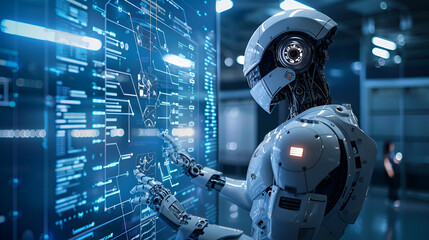 Fototapeta premium Futuristic AI Concept with Humanoid Robot and Holographic Interface Showing Complex Algorithms and Neural Networks