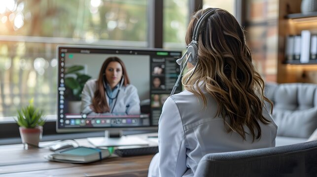 A woman doctor in a video call consultation with a patient, working from home office, discussing medical issues over a computer screen.