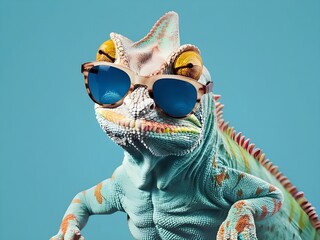Closeup of chameleon wearing sunglasses isolated on blue background with copy space. Lizard wearing a sunglasses. Vector of a reptile with spikes looking cool. Cover page for magazine. 